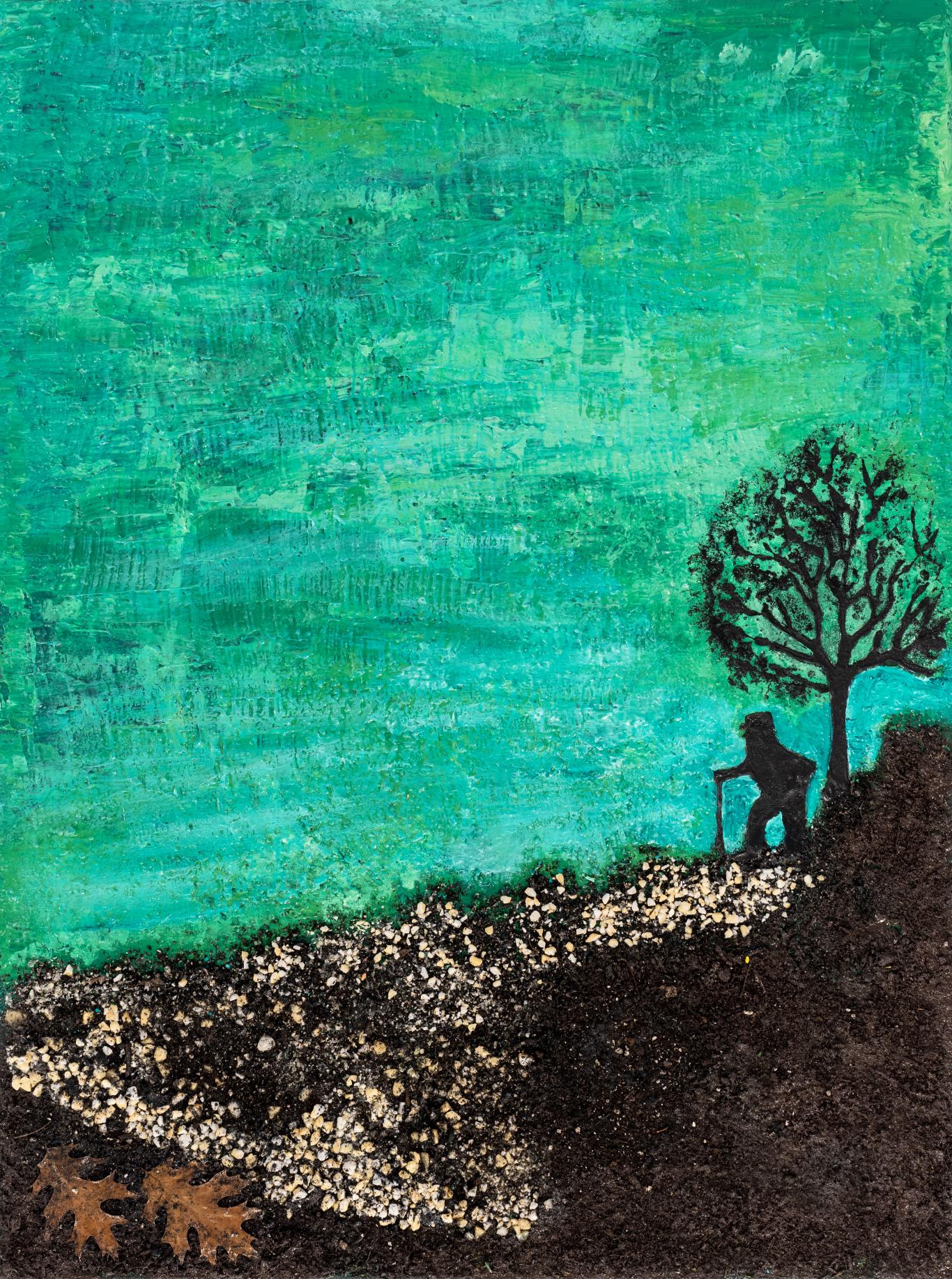 This painting depicts a vibrant blue green sky behind the black silhouette of a small person leaning on a cane at the top of a gravelly hill under a tree.